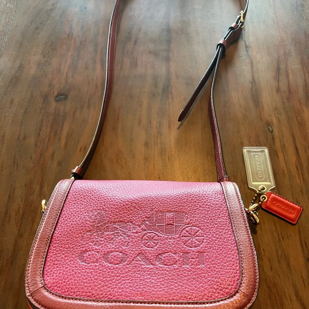 Coach Raspberry-Pink Pebbled Saddle BAG Leather Crossbody with Brown Trim - Picture 2 of 8